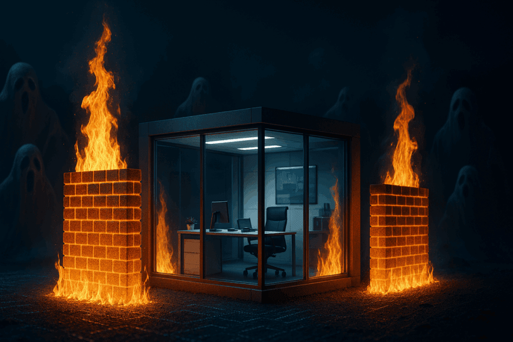 A haunted digital landscape at night with glowing firewalls forming protective barriers around a futuristic office, shadowy cyber ghosts outside, orange and blue lighting, Halloween meets cyber security theme, cinematic detail.