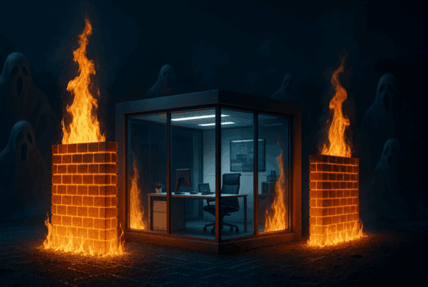 A haunted digital landscape at night with glowing firewalls forming protective barriers around a futuristic office, shadowy cyber ghosts outside, orange and blue lighting, Halloween meets cyber security theme, cinematic detail.