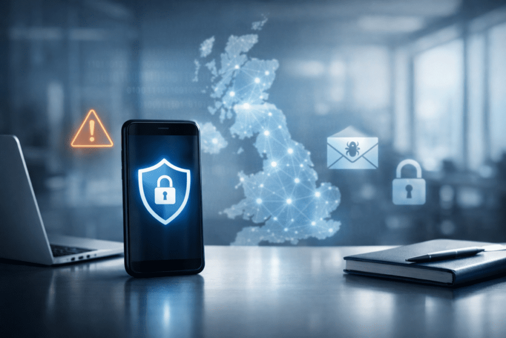 UK business office scene showing a smartphone with a shield icon and cyber-security warning symbols over a blurred UK network map backdrop.