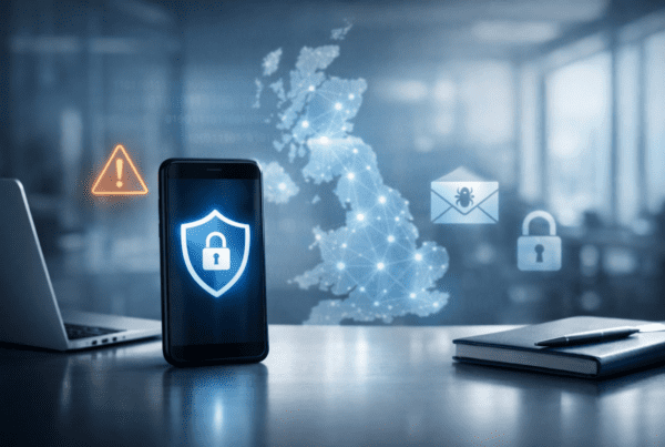 UK business office scene showing a smartphone with a shield icon and cyber-security warning symbols over a blurred UK network map backdrop.