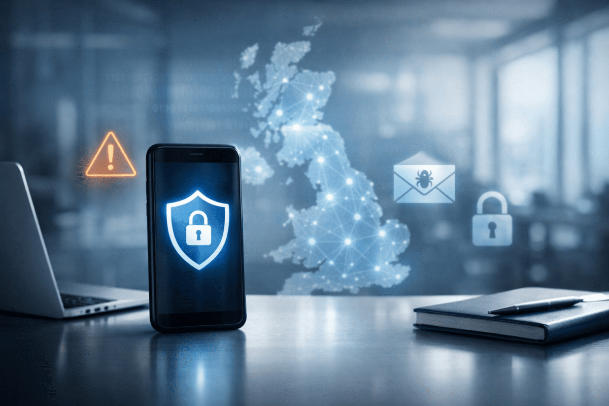 UK business office scene showing a smartphone with a shield icon and cyber-security warning symbols over a blurred UK network map backdrop.