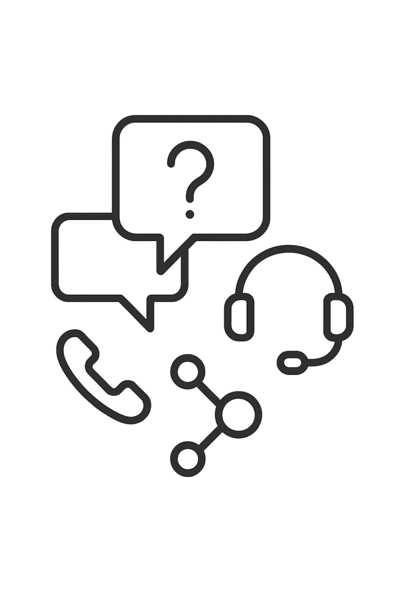 Unified World FAQ hub icon graphic (mobiles, connectivity, VoIP and support)