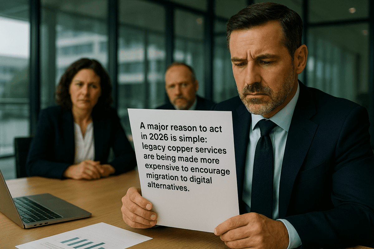 Business professionals reviewing telecom cost increases due to PSTN switch-off in 2026.